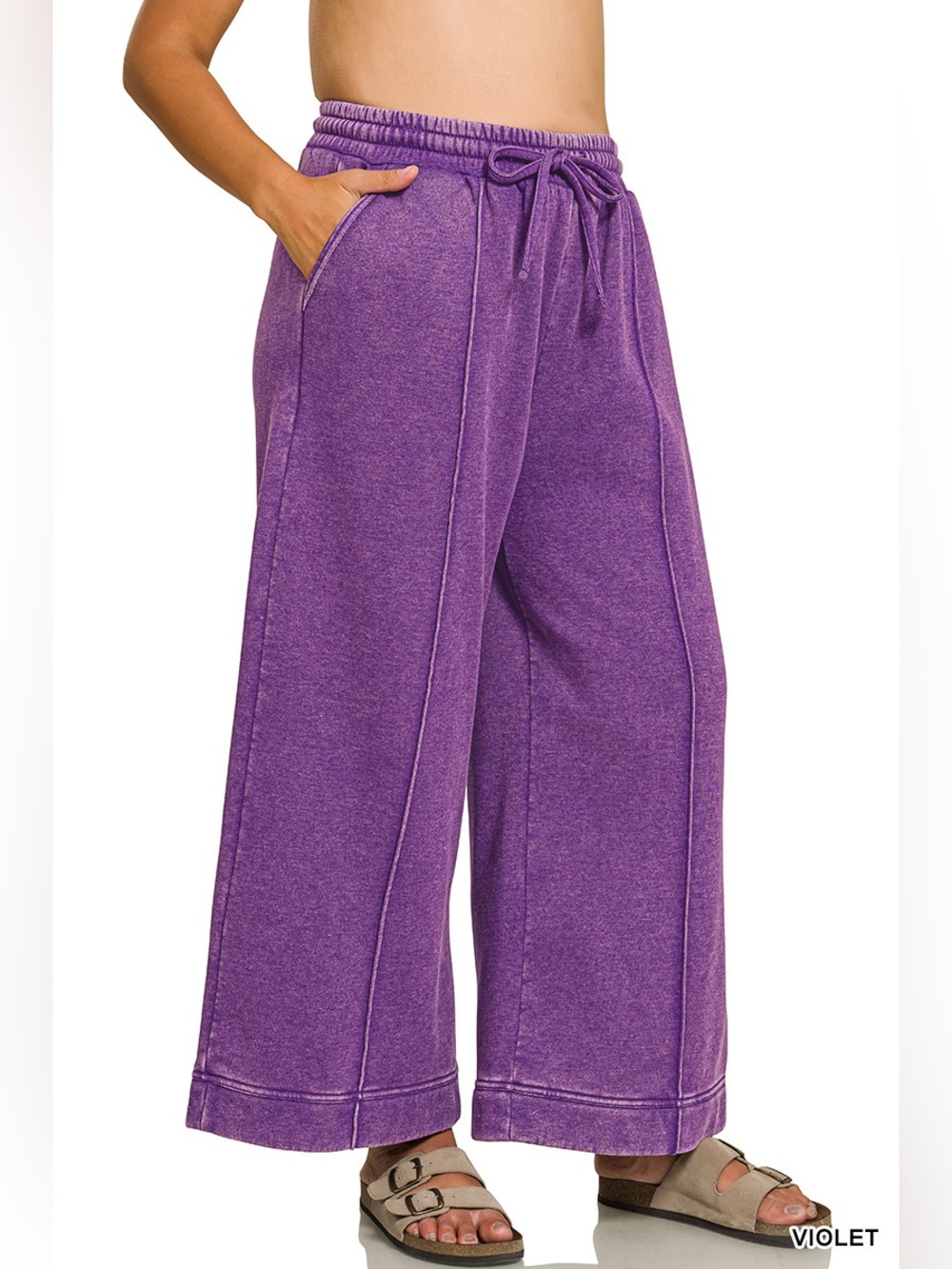 Zenana PLUS Violet Acid Washed Fleece Pintuck Wide Leg Cropped Pants